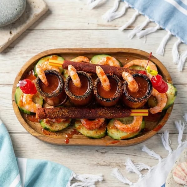 Shrimp and cucumber slices with chili sauce and tamarind candy on a wooden tray.