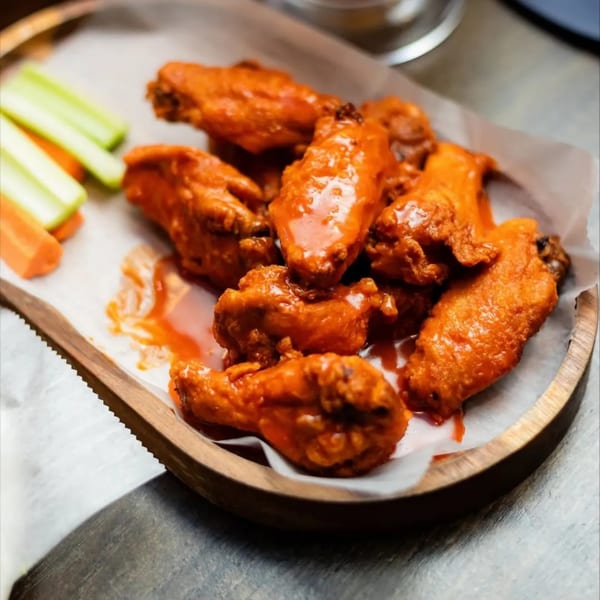 Spicy buffalo chicken wings with celery and carrot sticks on a wooden tray.